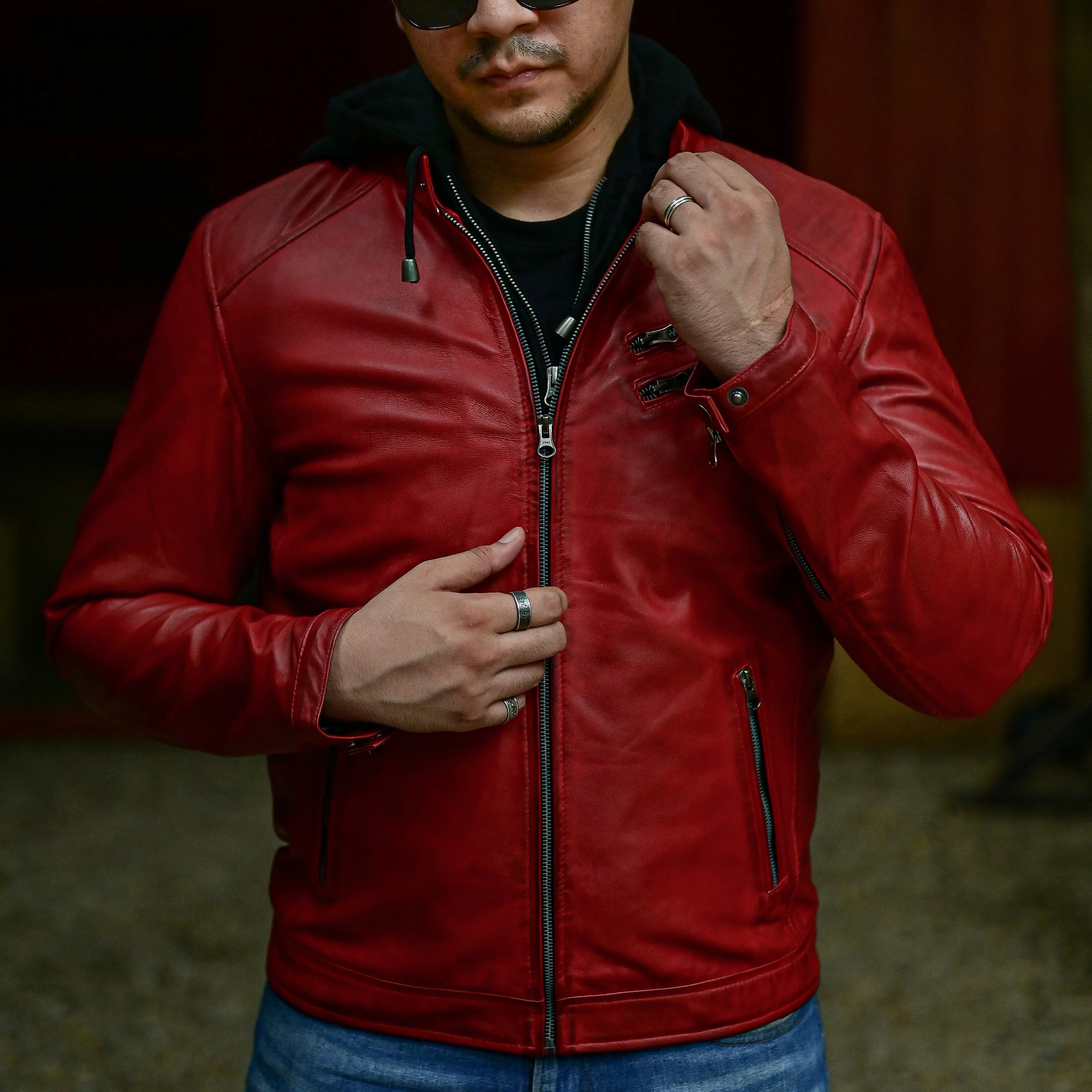 Mens Red Casual Hooded Vintage Leather Jacket with Removable Hood